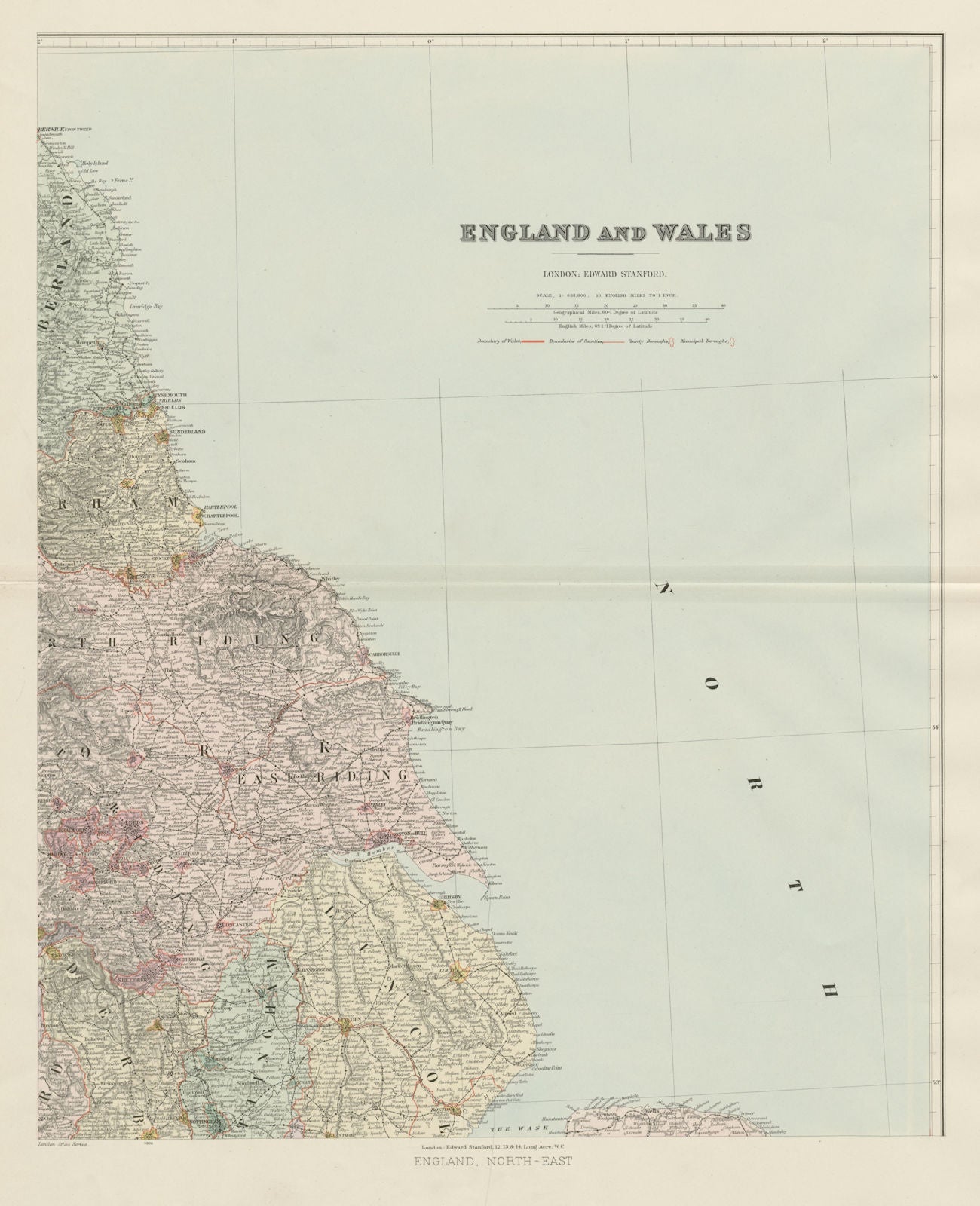 North east England. Tyneside Yorkshire Lincolnshire. 62x51cm STANFORD 1904 map